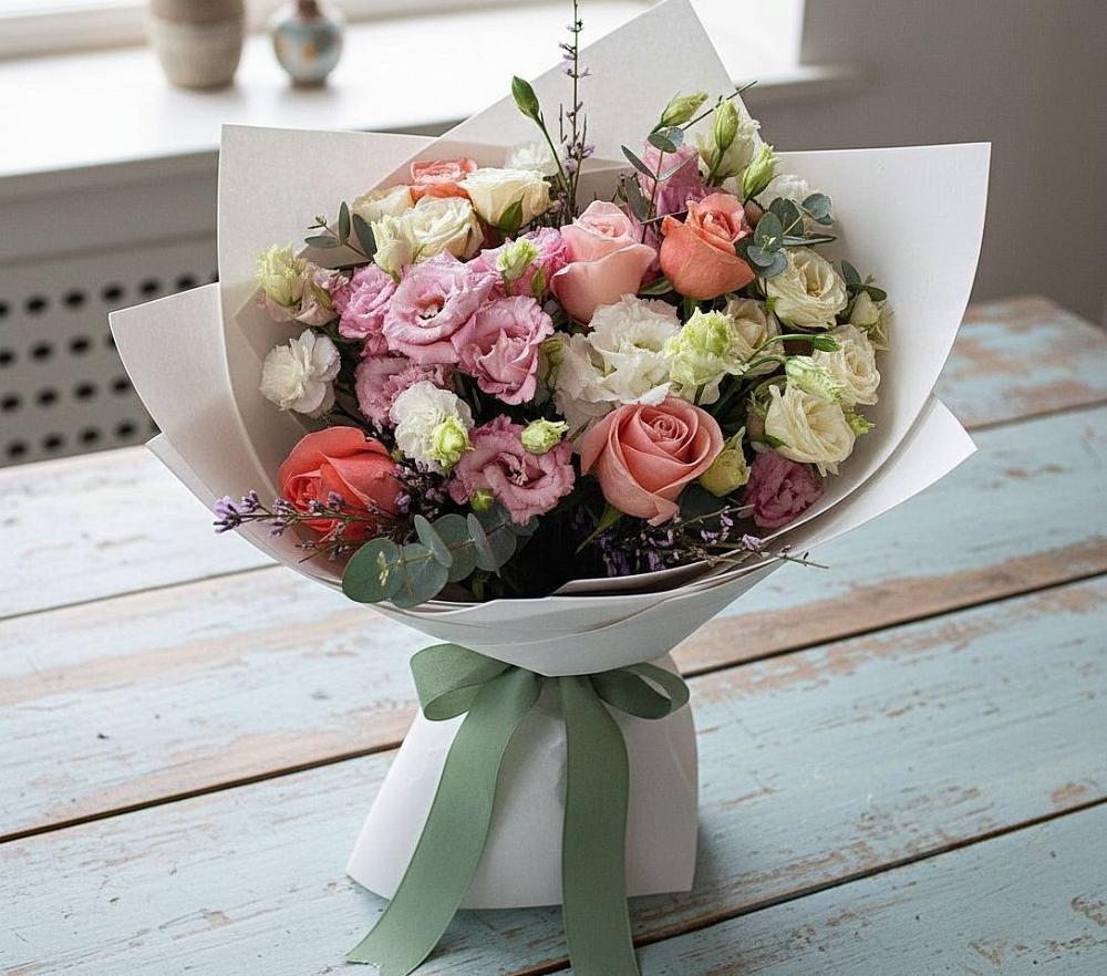 Букет цветов из: Розы, Лизиантусы и Гвоздики в Нестерово