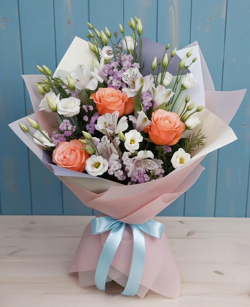 Букет цветов из: Лизиантусы, Розы, Альстромерии и Гипсофила в Нестерово