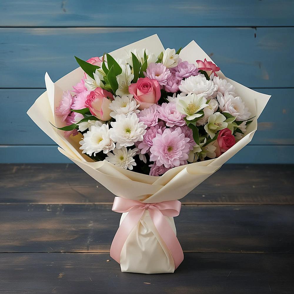 Букет цветов из: Хризантемы, Альстромерии и Розы в Нестерово